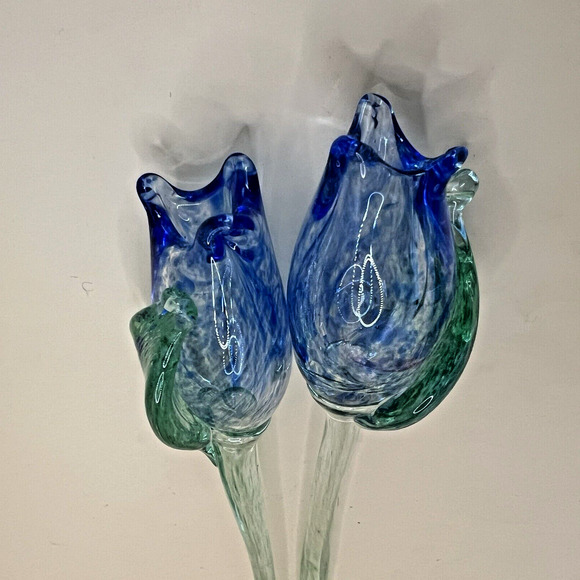 Vintage Blown Glass Art Long Clear Stem Blue and Green Flower Buds Set of 2 - Picture 2 of 4